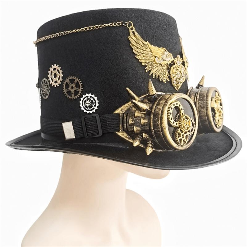 Gothic Top Hat With Metallic Goggles Gear And Winged Heart Design Tall Hat For Costume Parties Photography Headpiece
