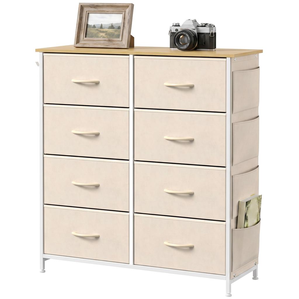 Chest of Drawers, Dresser with 8 Fabric Drawers, Tall Storage Unit with 4 Pockets and 2 Hooks Steel Frame, Beige