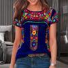 Women Vintage Boho Ethnic Floral Print Tee Shirt O Neck Short Sleeve Loose Fit T Shirt Workwear