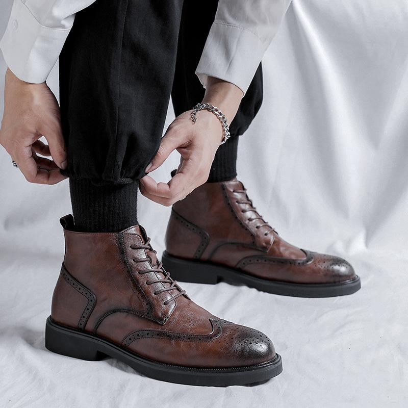 men's fashion genuine leather boots  designer carved brogue shoes black brown cowboy boot party banquet dress ankle botas