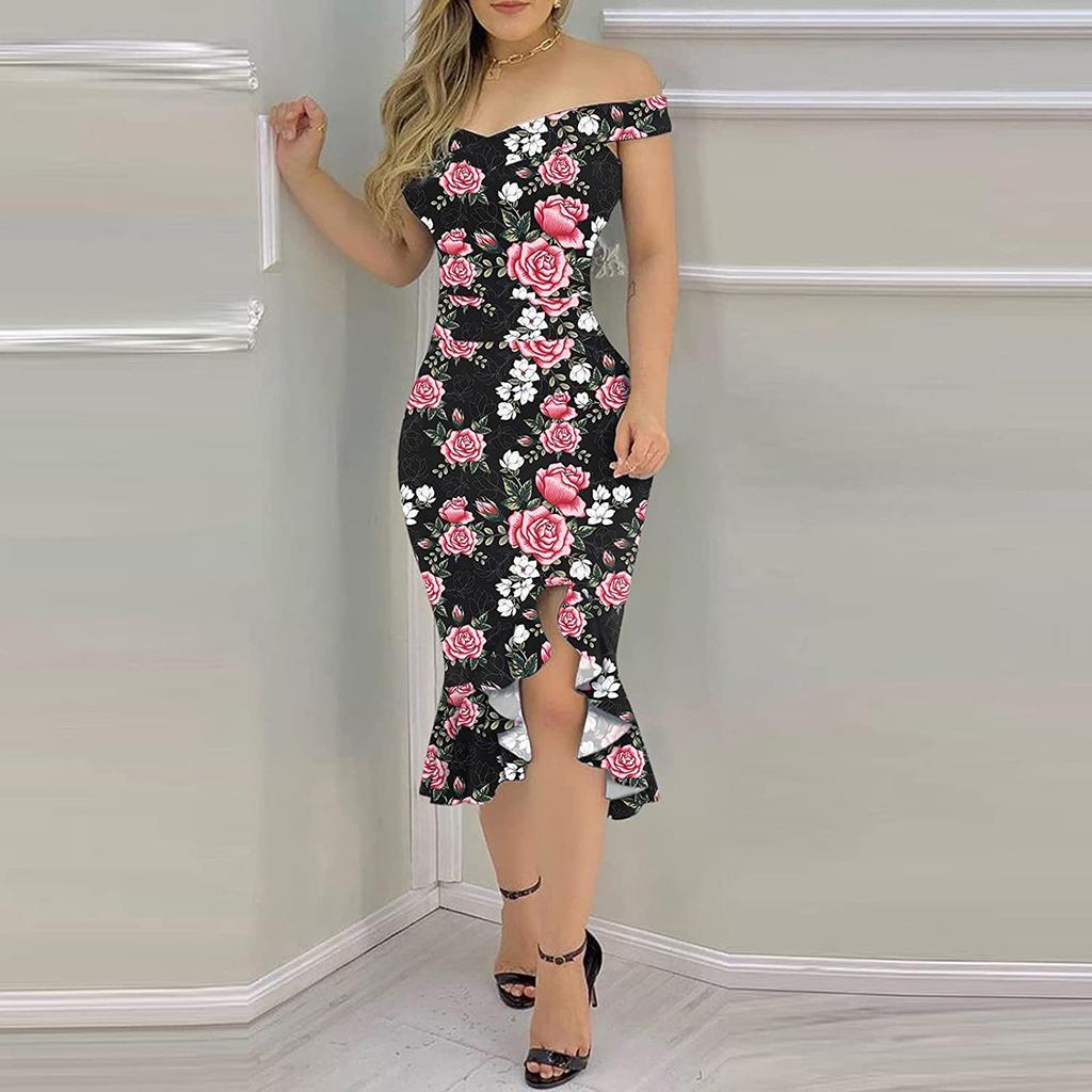 Fashion Women's Loose Sexy Prints One Shoulder Irregular  Ruffle Hip Dress