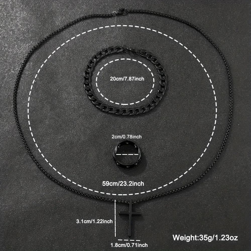 Enhance Men'S Charm: 3pcs Alloy Zircon Set. The Necklace, Bracelet and Ring with Cross Elements Are Stylish and Versatile.