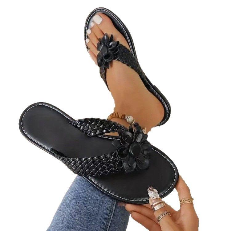 Flower Flip-flops Women's Summer 2025 New European and American Foreign Trade Large Size Woven Toe Women's Cool Slippers