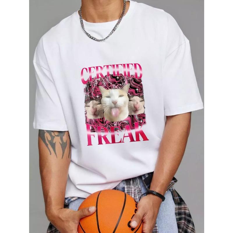 White T Shirt Certified Freak Cat Graphic Print Casual Wear for Men and Women Streetwear Fashion Statement Top