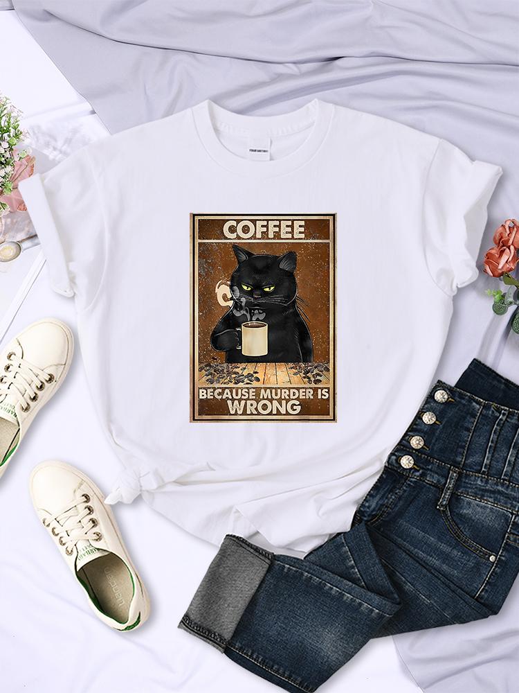 Ponieważ Morderstwo Jest Złe Czarny Kot Pije Kawę Damski T-shirt Odzież Okrągły Dekolt Vintage Krótki Rękaw Osobowość Casual Damskie Koszulki