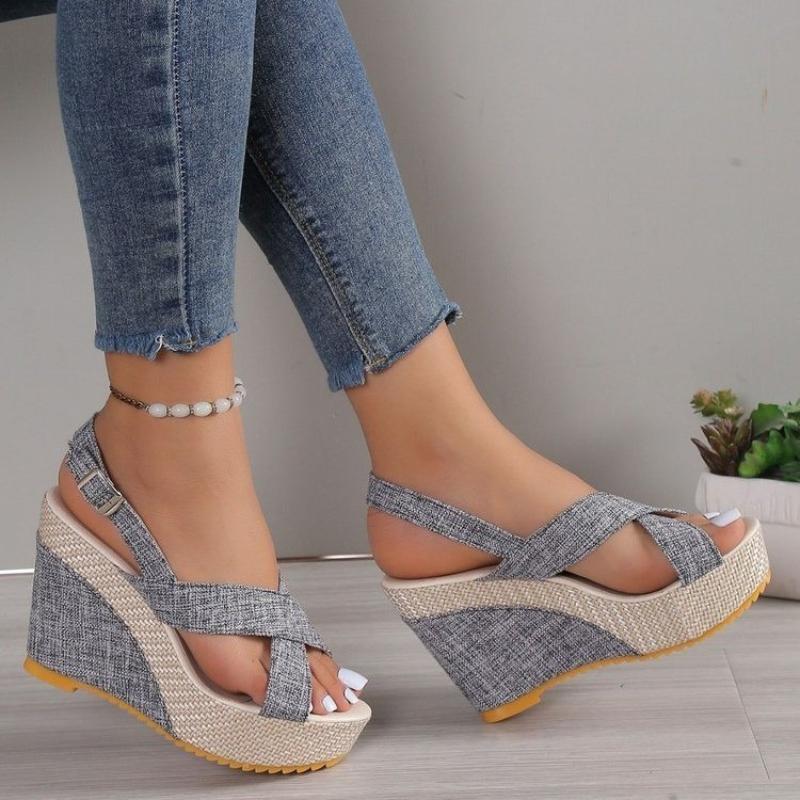 Fashion Summer Platform Sandals Women Peep Toe High Wedges Heel Ankle Buckles Ladies Sandalias Canvas Female Sandals Designer Shoes