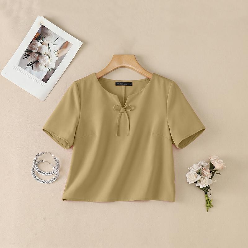 ZANZEA Damen Lässig V-Ausschnitt Einfarbig Locker Kurzarm Bluse