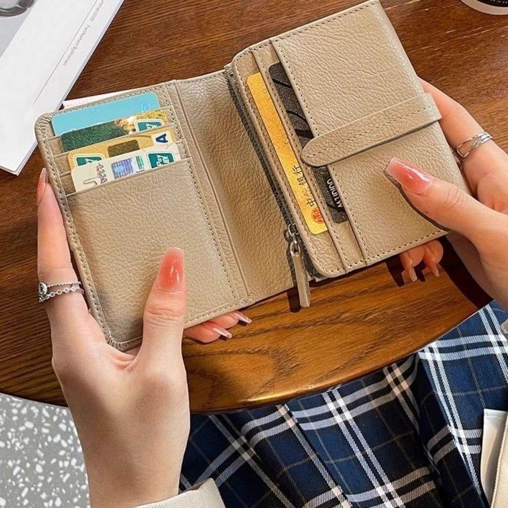PU Leather Women's Purse Solid Color Folding Design Leather Purse Pull-out Design Large Capacity Short Wallet for Women