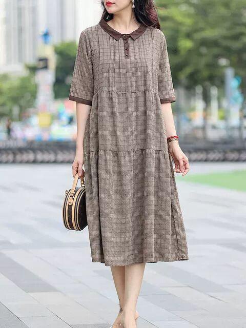 

Платье с воротником поло и короткими рукавами, женское, лето 2025, новое, хлопковое, в клетку, средней и длинной длины, удобная свободная юбка, закрывающая живот XXL