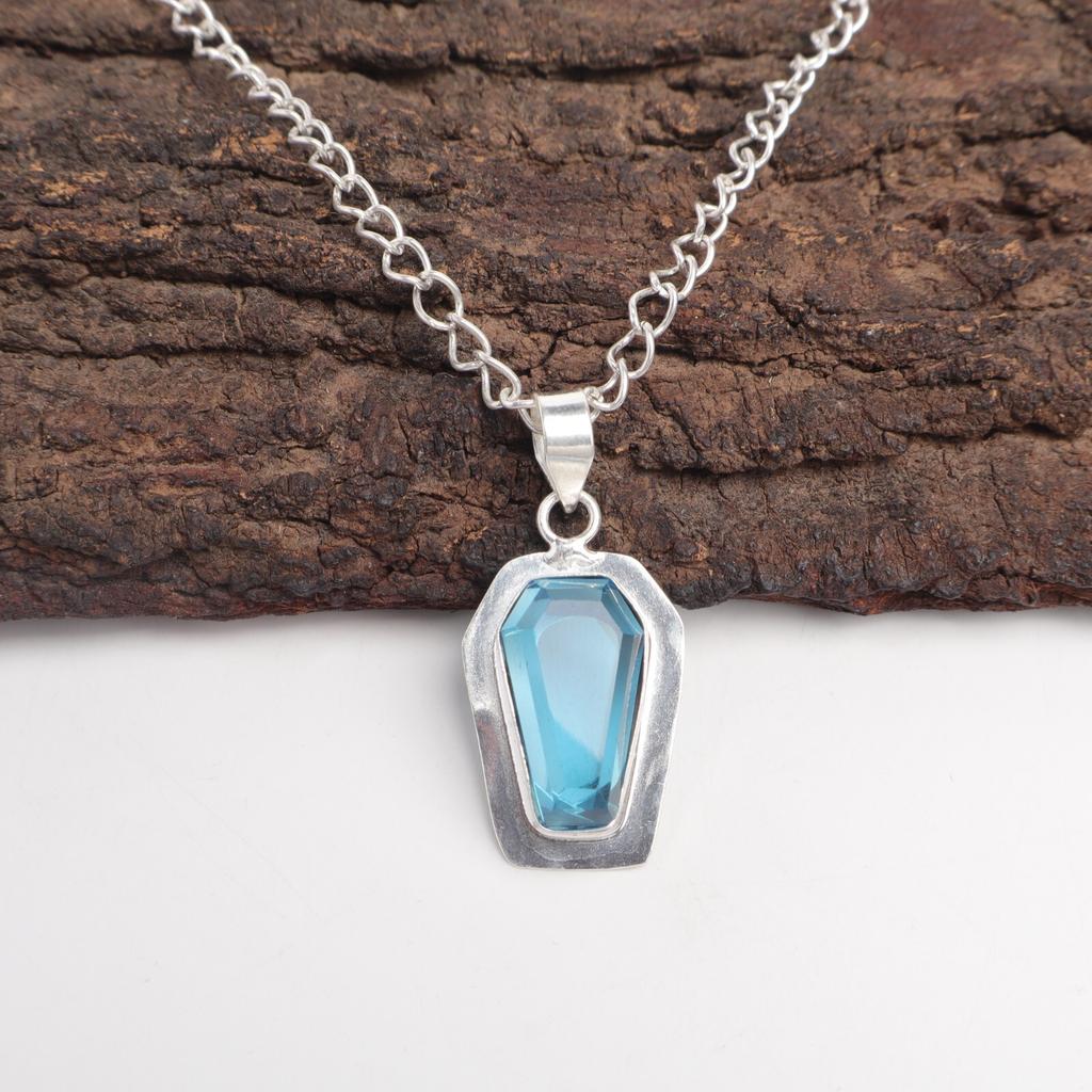 Coffin Swiss Blue Topaz Stone 925 Sterling Silver Sisters Day Birthday Pendant PP-53-8