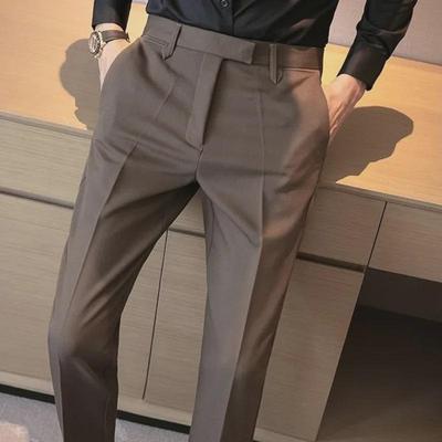 Men's Slim-Fit Coffee-Colored British Style Suit Trousers: Handsome Formal Drapey Pants