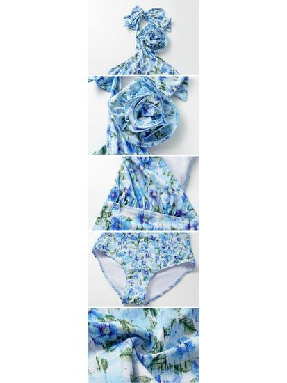 Women's Floral Halter Swimsuit with 3D Flower Details and Hollow Out Design