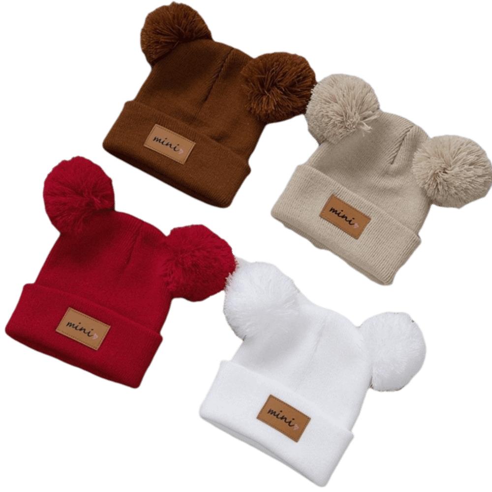 Winddichte Baby-Mützen 0-3 Jahre Säuglingsmütze Doppelbommel Wintermützen Herbst Winter