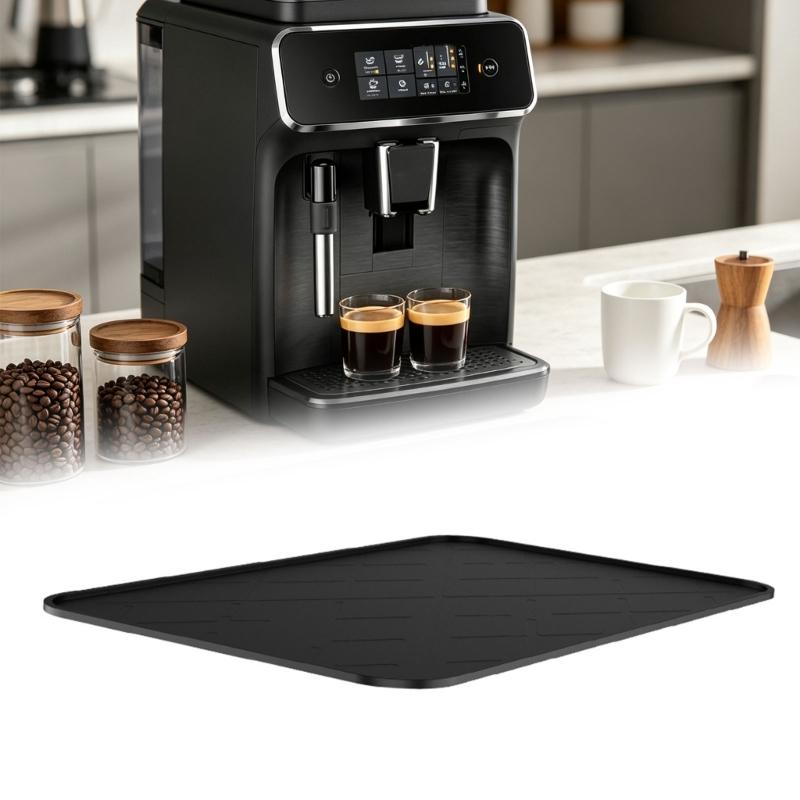 Coffee Bar Drying Pad in Silicone with a Raised Perimeter, Crosshatch Grip Texture, and Grooves for Beverage Station Spills and Routine Care
