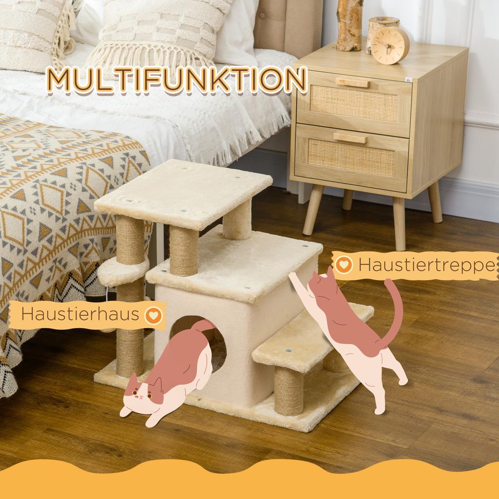 Adjustable Cat Steps, with House & Hanging Toy Ball - Beige