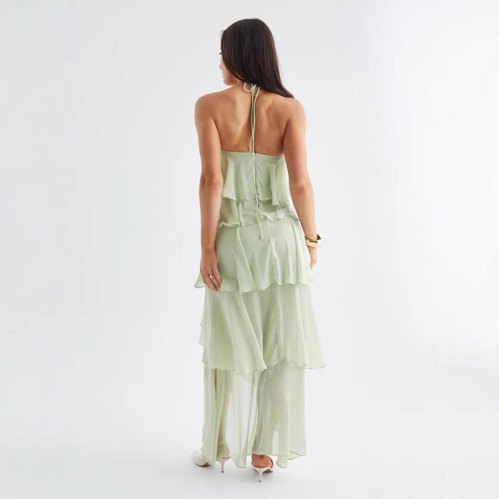 Spot European and American summer vacation style elegant temperament neck three-dimensional cake suspender dress women