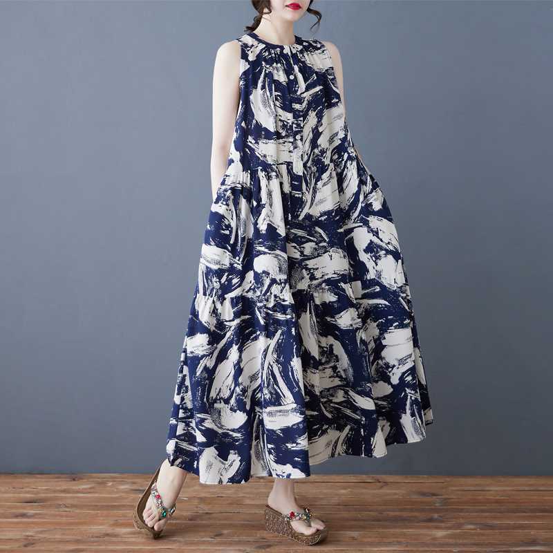 

Ladies Temperament Retro Printed Chiffon Loose Medium Long Dress M