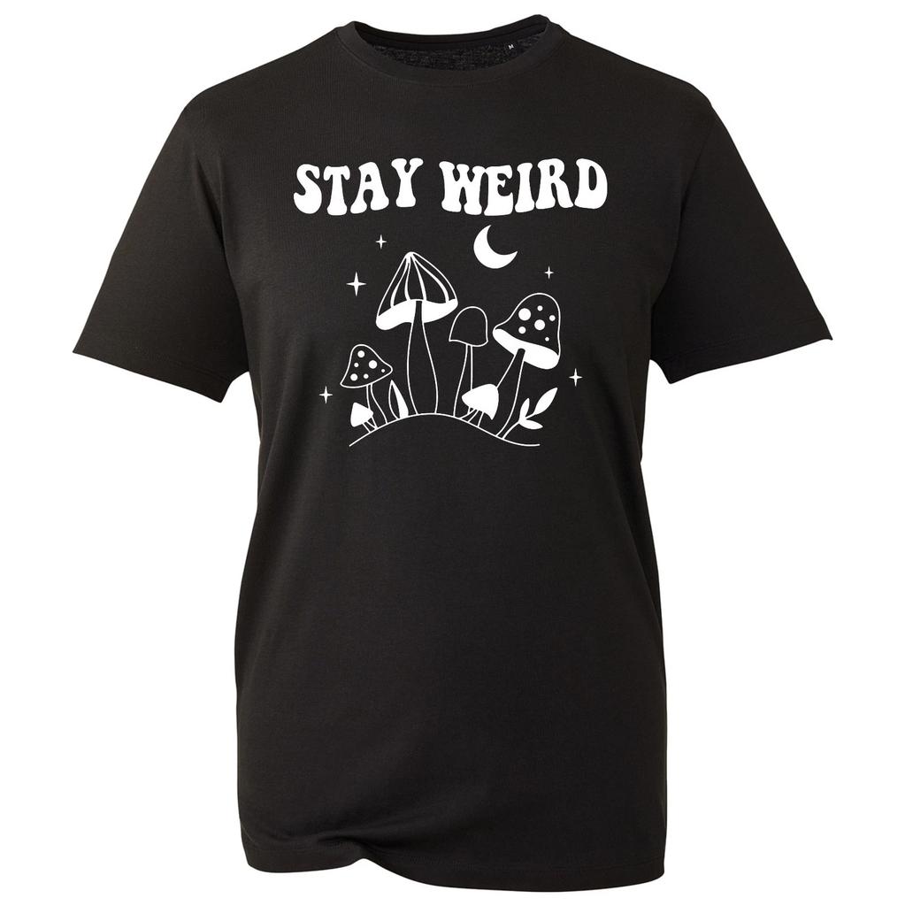 Stay Weird T Shirt Unisex Mushroom Moon Graphic Tee Goblincore Witchy Black Top