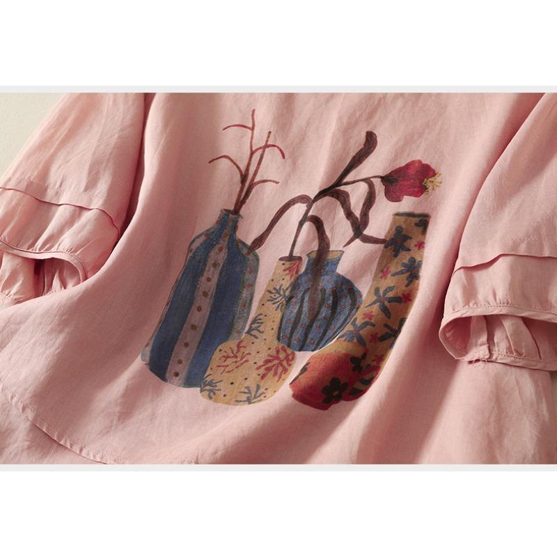 DIMANAF 2026 Summer Women Plus Size New Blouse Shirt Print Floral Vintage Short Sleeve Cotton Linen Casual Loose Lady Tops Tees