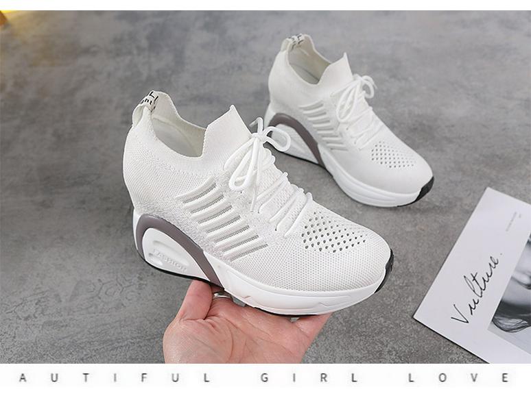 "2024 Autumn Women's White Height-Enhancing Sports Shoes - Korean Style, Breathable, Versatile, and Casual with High Heels"