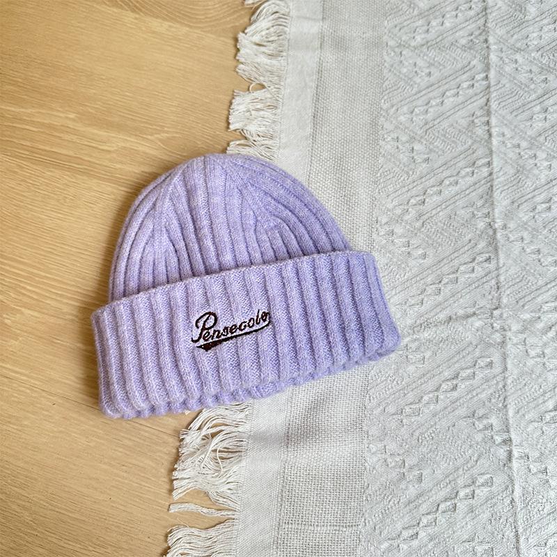 Letter Embroidered Knitted Hat Autumn and Winter Warm Solid Color Woolen Hat Big Head Circumference Showing Face Small Woolen Hat