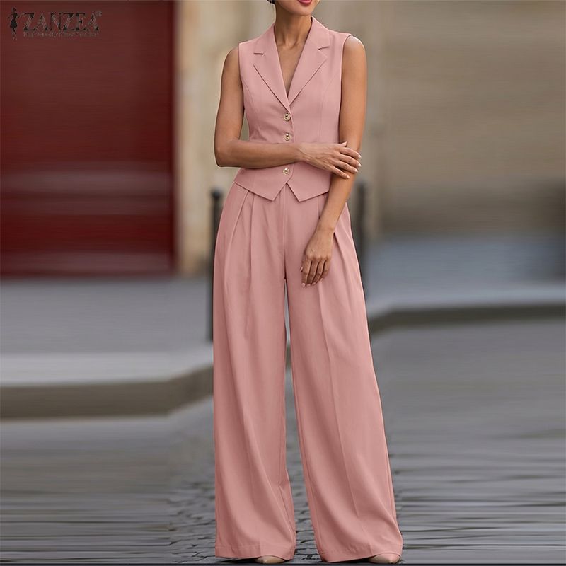 ZANZEA Women Sleeveless Vest Tops and Wide Leg Pants Casual Two Piece Suit Sets