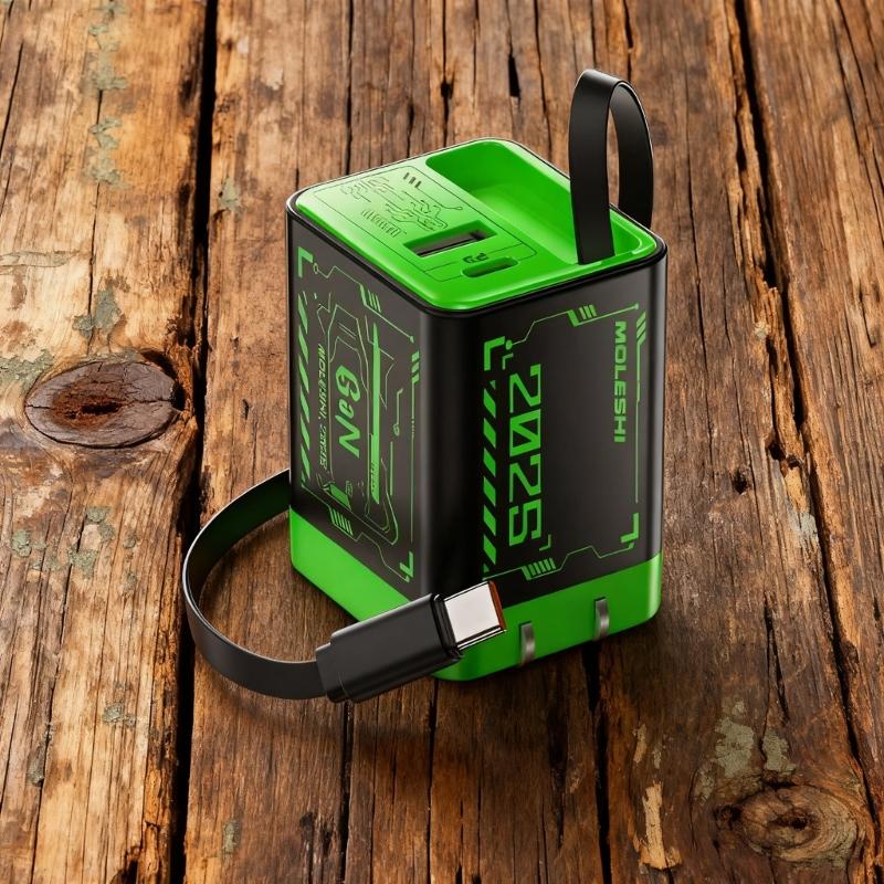 Portable Fast Speed 67W Charging Adapter With Retractable Cord Cable Double USB A+C Port For Phone Tablet Laptop Devices