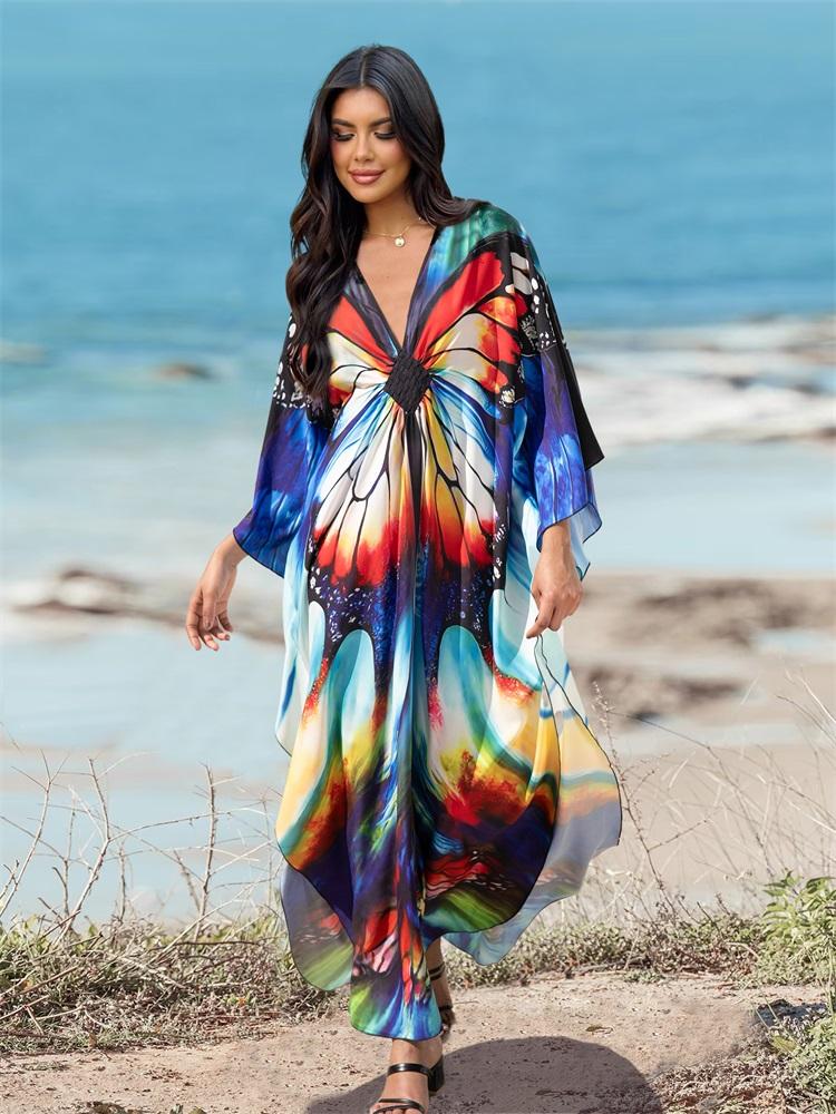 EDOLYNSA 2024 Plus Size Colorful Butterfly Printed Hand-knit V Neck Casual Kaftan Women House Dress Summer Beachwear Swimsuit Cover Up Q1634