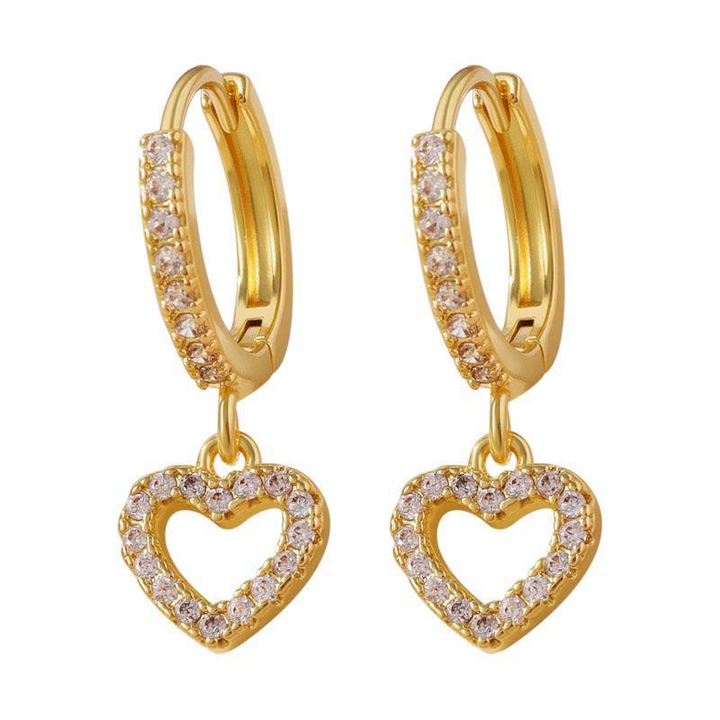 Luxury Crystal Zircon Heart Pendant Earrings For Women Fashion Gold Color Hollow Circle Geometric Ear Buckle Wedding Jewelry