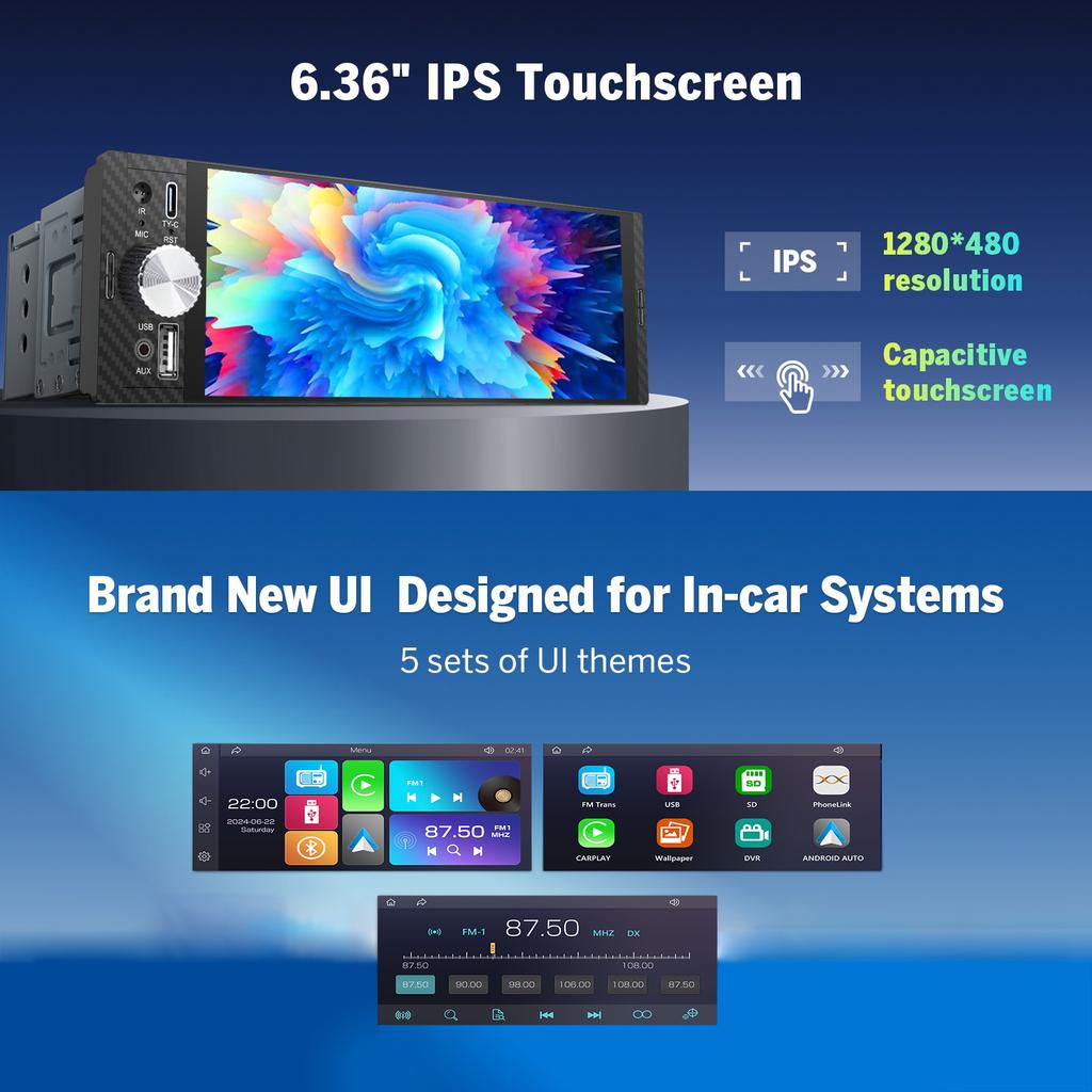 LEHX 6.36 Inch 1DIN Universal MP5 Car Radio Support Wireless Carplay Android AUTO AUX IPS Touch Screen Multimedia Video Player