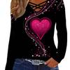 Fall Women's Casual Long Sleeve Top, Heart Print V-Neck Blouse for Women, European & American Crossbody Style