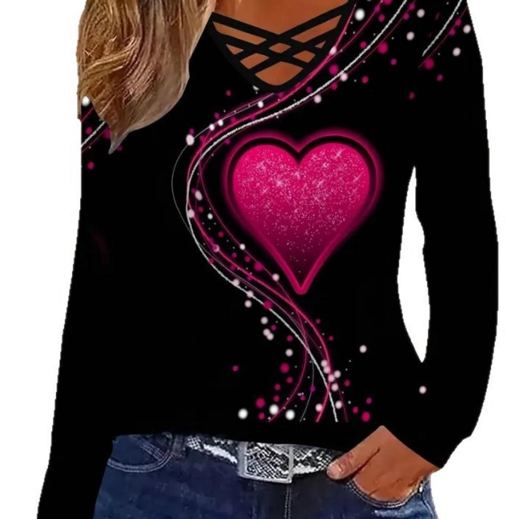 Fall Women's Casual Long Sleeve Top, Heart Print V-Neck Blouse for Women, European & American Crossbody Style
