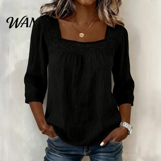 Skin-friendly Fabric Shirt Women Square Collar 3/4 Sleeve Pure Color Casual Loose Fit Tops Blouse Lace Splicing Summer Breathable