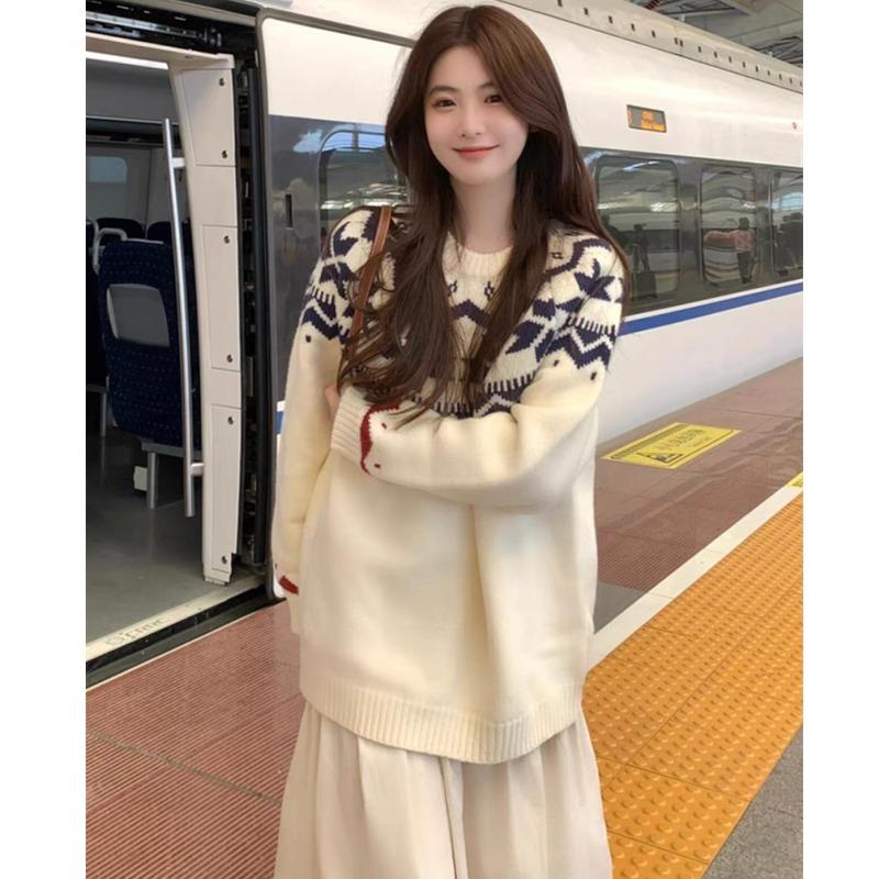Autumn/winter Korean O-neck Casual Loose Pullover Printed Sweater Women Sweet Long Sleeved Office Knitted Top Office Retro Simple Sweaters