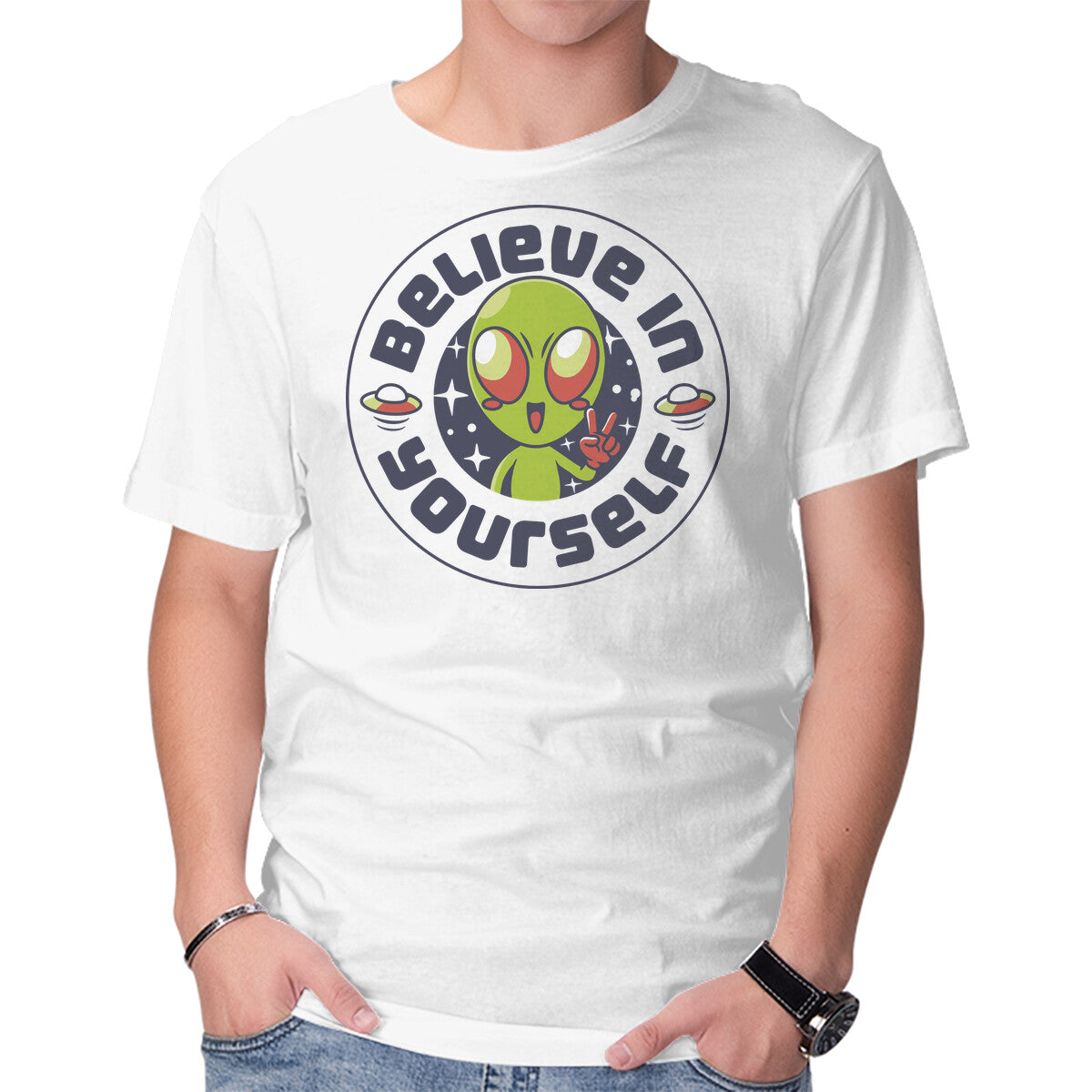 Unisex Crew Neck T-Shirt Believe In Yourself Alien Graphic Short Sleeve Casual Tee XL