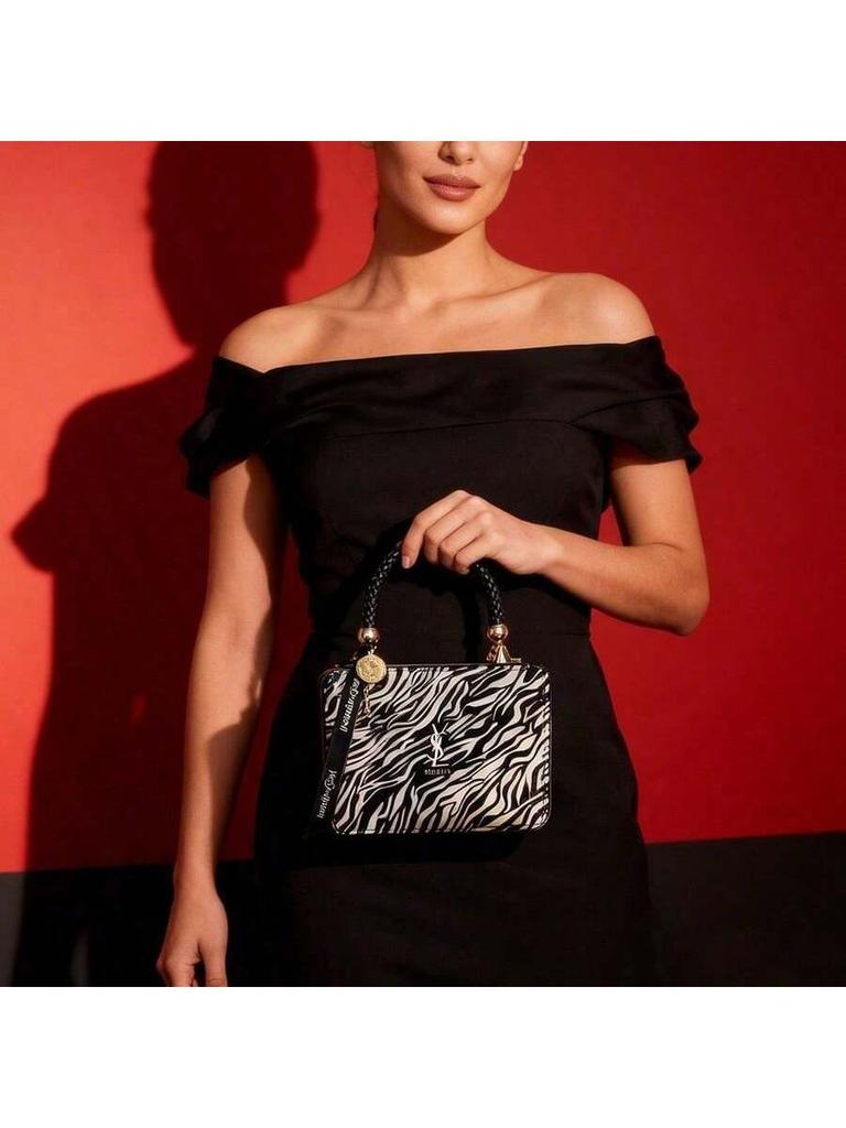 YSL Kadın Siyah Beyaz Zebra Desenli Portföy Çanta - Günlük işe gidiş ve alışveriş için uygun, çok fonksiyonlu bir makyaj çantası.