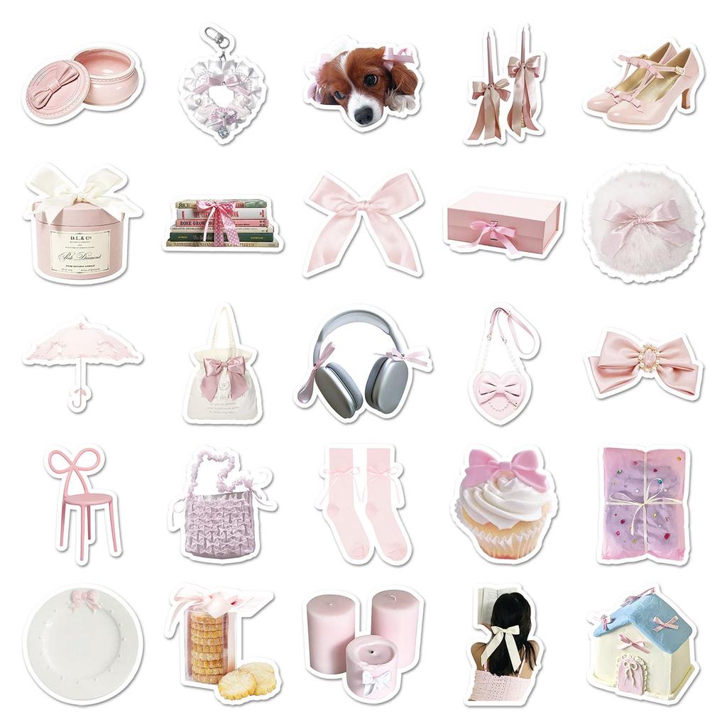 50 Cute Bowknot Heart Stickers: Pink & White, Waterproof for DIY Journals