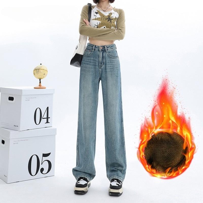 Winter Thick Women's Fleece Straight Jeans Casual Comfortable Soft Velvet Slim Pants Vintage Wide Plush Denim Trousers