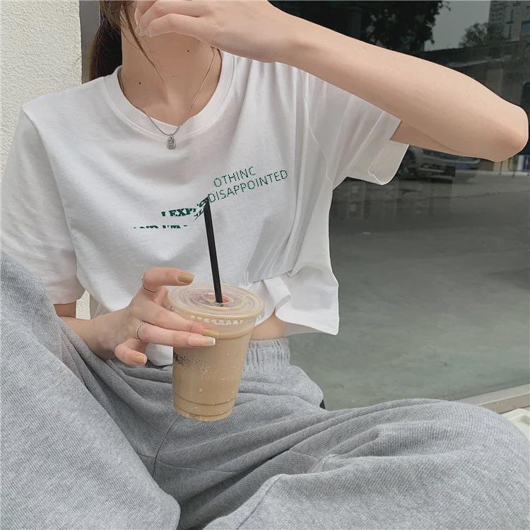 Koreanisches Locker sitzendes Kurzarm-Crop-Top mit Buchstabenaufdruck für Damen