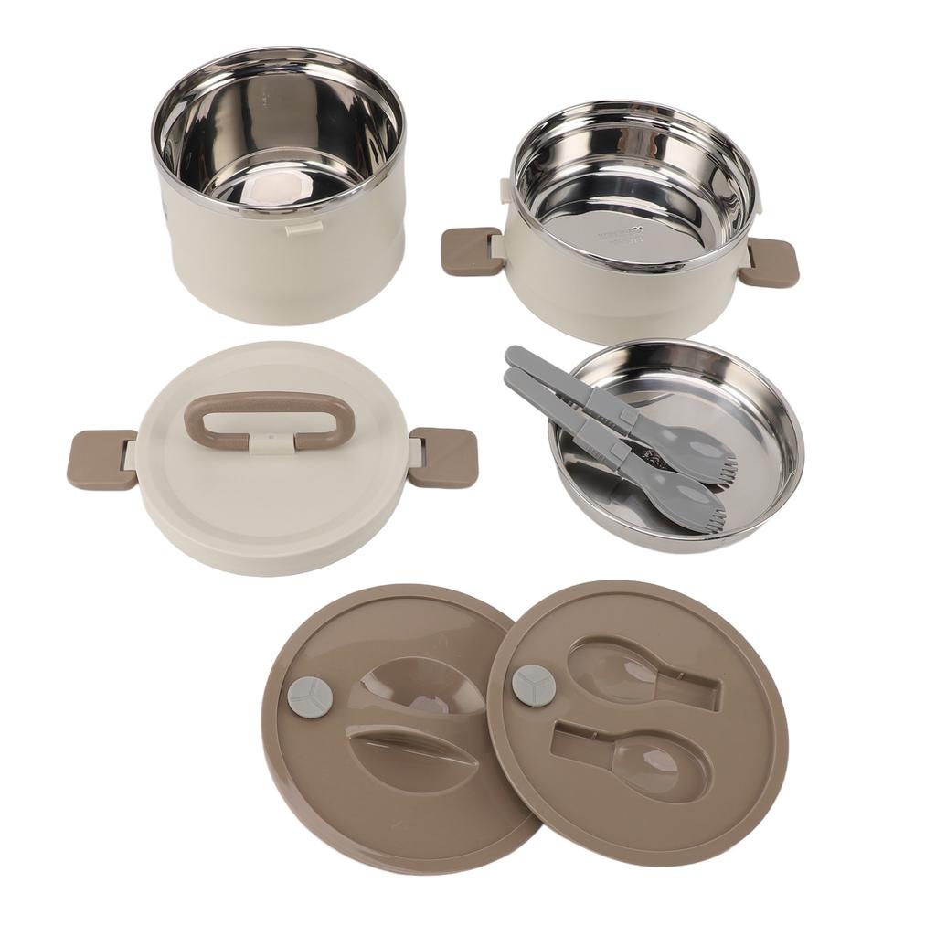 Insulated Food Container 304 Stainless Steel PP Stackable Portable Round Bento Lunch Box with Spoons for School Office