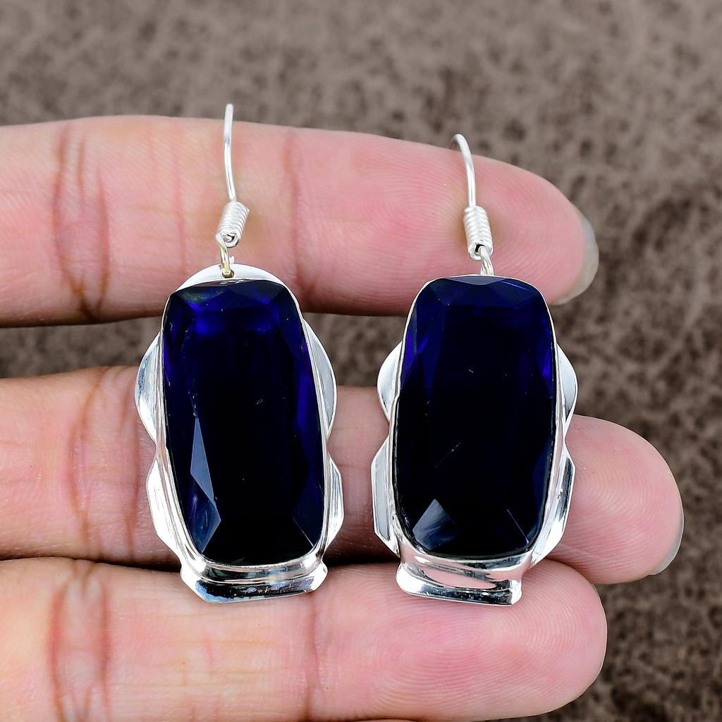 Blue Topaz Gemstone Handmade 925 Sterling Silver Jewelry Earring 2.17" KKG-600
