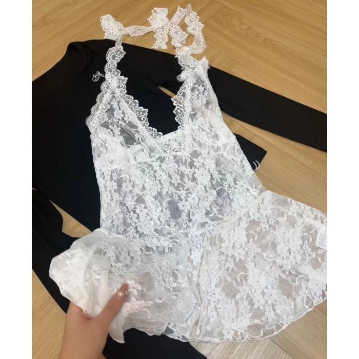 

Женское кружевное платье-ками на бретелях и вязаный свитер с U-образным вырезом и длинными рукавами, комплект осень/зима 2024 One Size