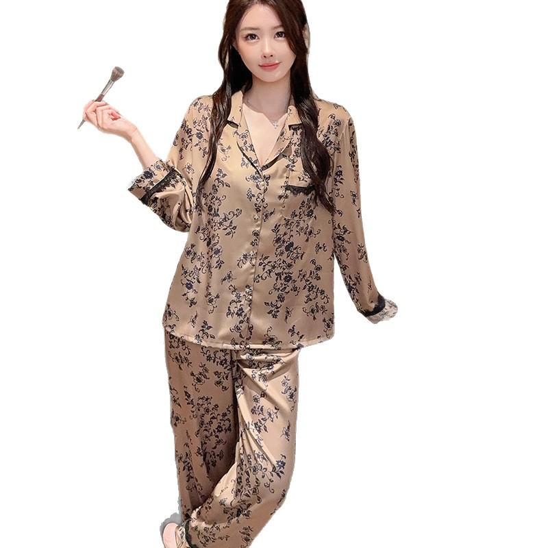Stylish Spring Ice Silk Lace Print Pajama Set – Thin Long Sleeve Homewear for Women, Wear Indoors or Outdoors