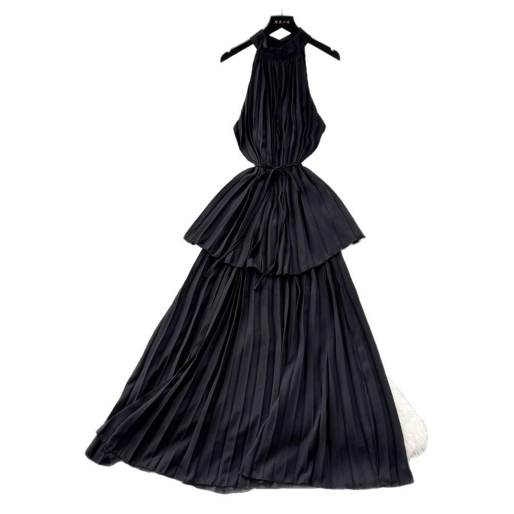 Pure Desire Style Red Neck Strap Pleated Dress Women's Summer Waist Thin Cake Skirt Vacation Style Long Dress
