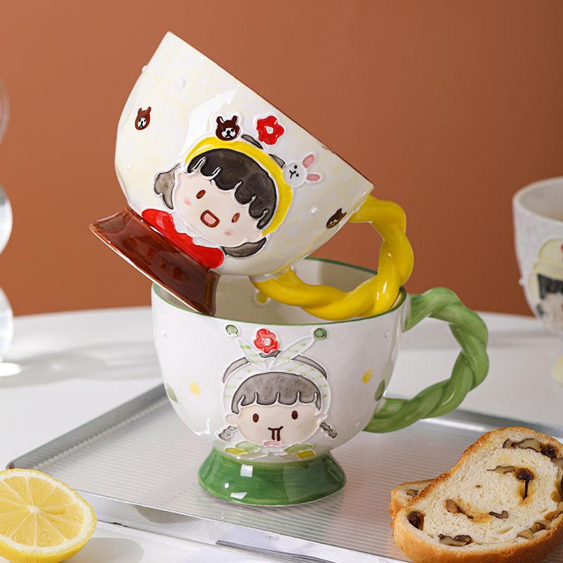 Hand Painted Relief Ceramic Breakfast Cup Large Capacity Oat Cup Cute Girl Water Cup High Value Milk Cup Coffee Cup