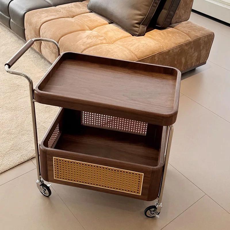 Middle Ancient Style Black Walnut White Wax Wood Movable Small Coffee Table with Wheels Silent Wheels Living Room Rattan