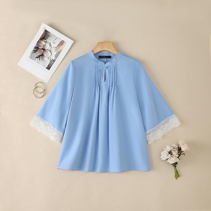 ZANZEA Women Casual Stand Color Lace Splice 3/4 Sleeve Loose Blouse