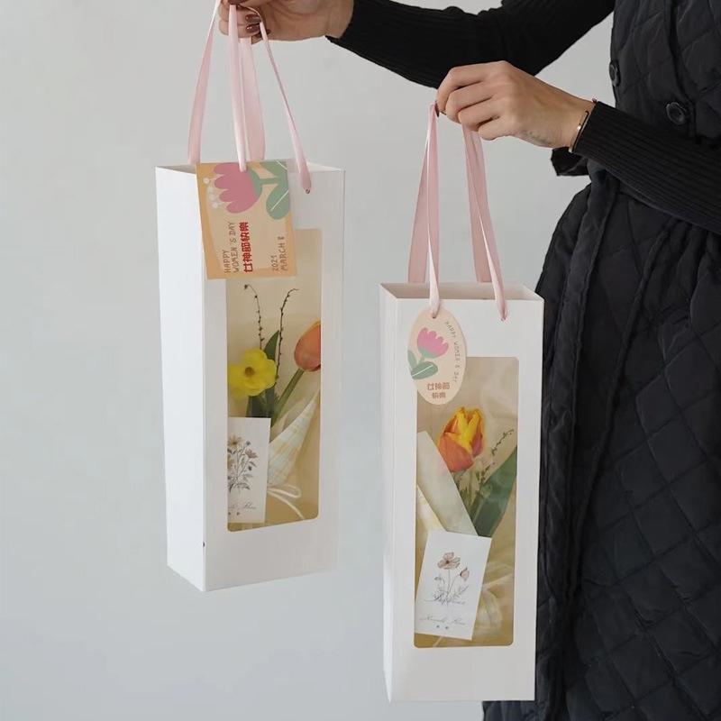 10Pcs Paper Transparent Flower Packaging Bags White Pink Single Rose Bouquet Window Box for Mothers Day Valentines Day Weddings