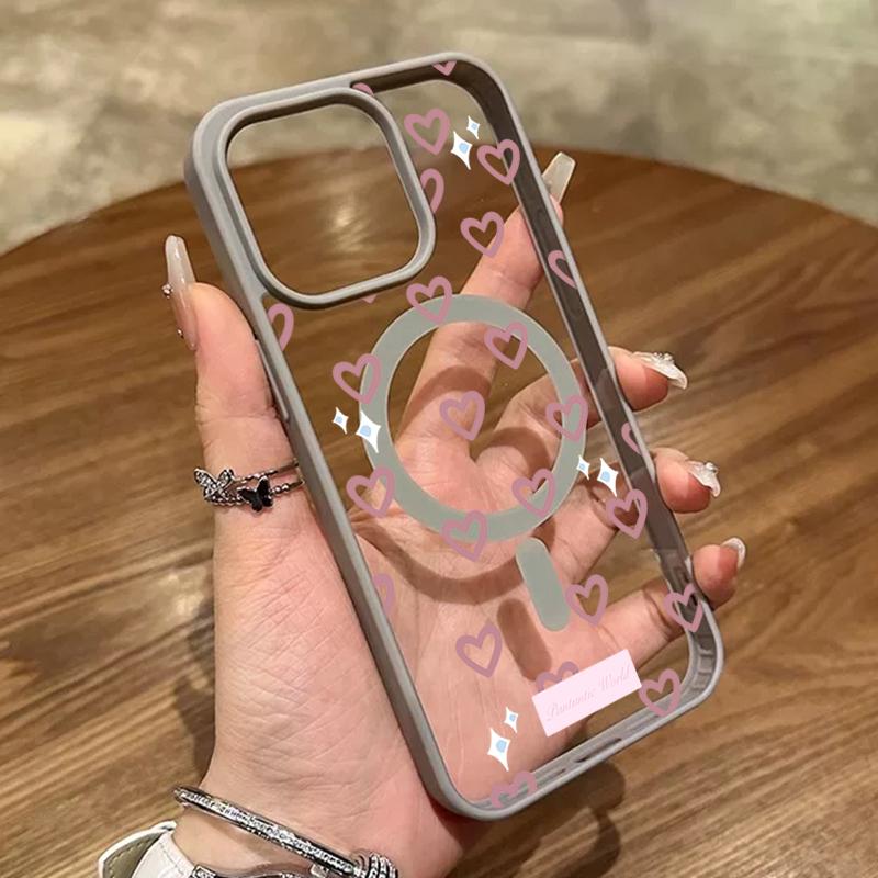 Pink Heart-Shaped Love Pattern Magnetic Transparent Phone Case For iPhone 17 Air 16 15 14 13 12 Pro Max 11 16E 17E 16 Plus Cover