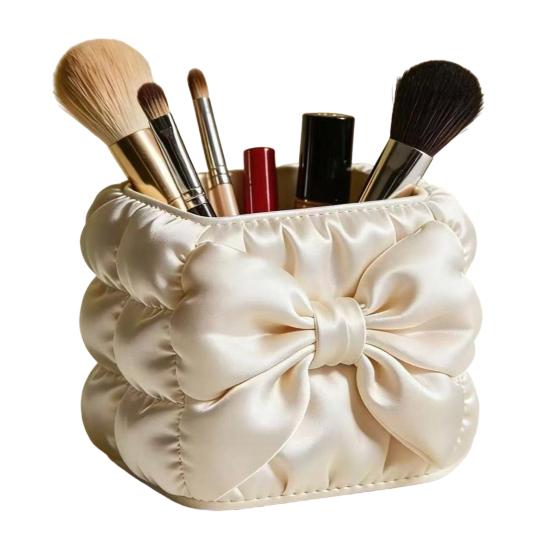 High-density Satin Pen Container Bow Holder, Silk Texture High-Density Case, Large Stylish Velvet Stationery Holder Capacity Elegant Organizer, белый